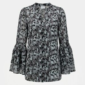 Suzy Shier Abstract Print Bell Sleeve Blouse Grey Black Pleated Front Size Small